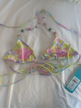 Pastel Floral String Bikini Top with Beaded Halter